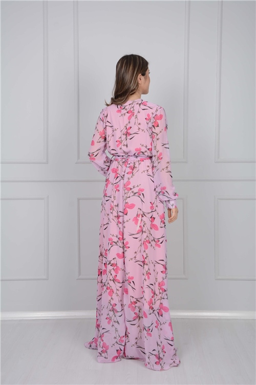 Şifon Kumaş Yaprak Desenli Elbise - Pembe