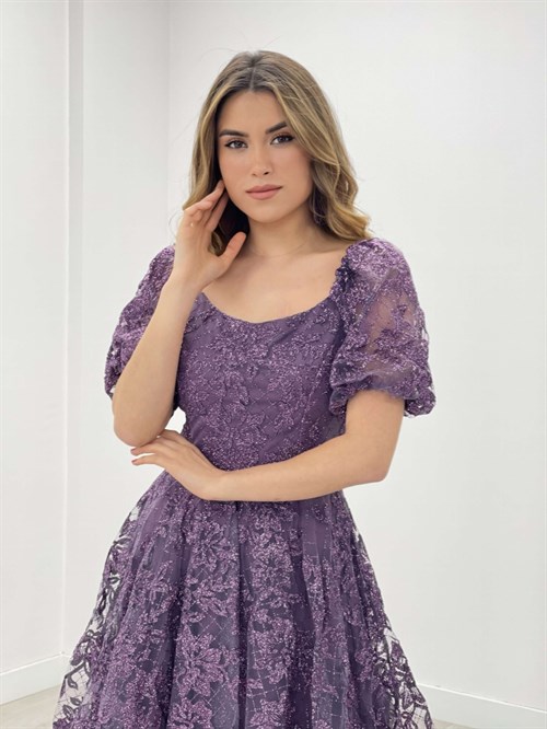 Simli Kumaş Kayık Yaka Elbise - PATLICAN MOR