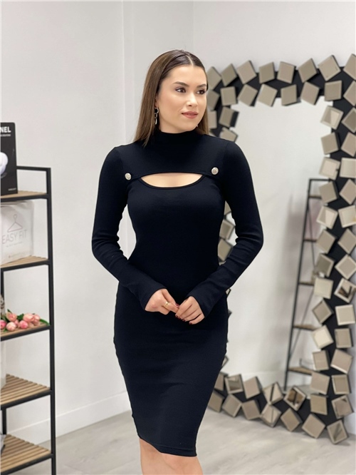Triko Kumaş Düğme Detay Elbise - Siyah