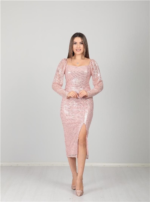 Tül Payet Tasarım Elbise - Pudra
