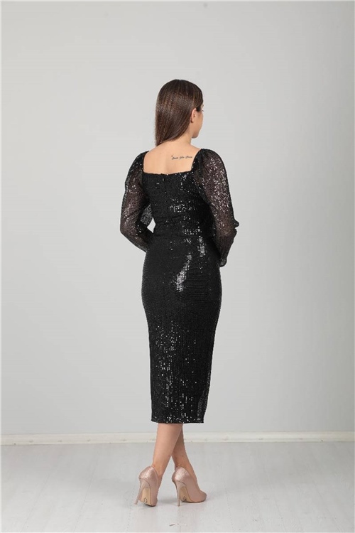 Tül Payet Tasarım Elbise - Siyah