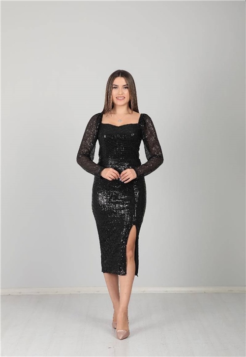 Tül Payet Tasarım Elbise - Siyah