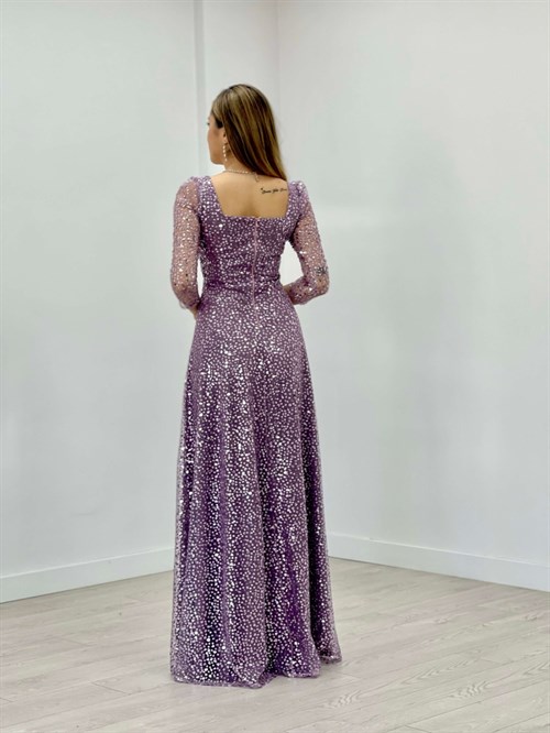 Tül Üzeri Üç Boyutlu Payet Prenses Elbise - LİLA