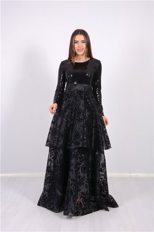 Üstü Payet Altı Simli Flok Elbise - Siyah