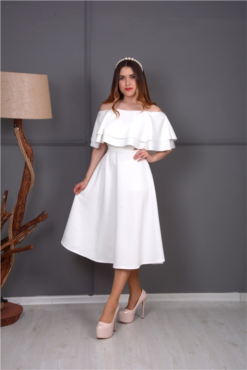 Volanlı Elbise - Beyaz