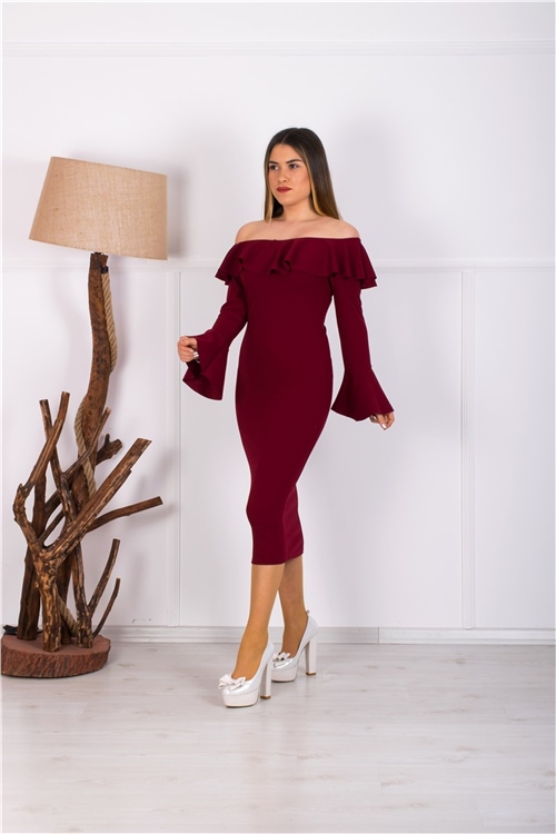 Volanlı Elbise - Bordo