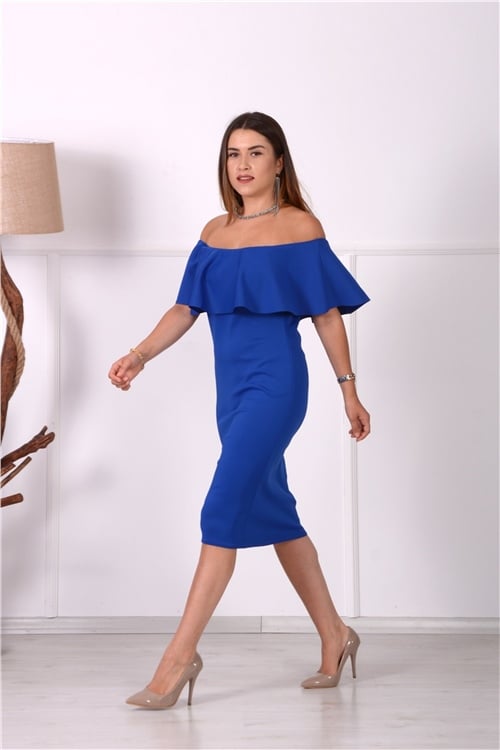 Volanlı Elbise - Saks Mavi