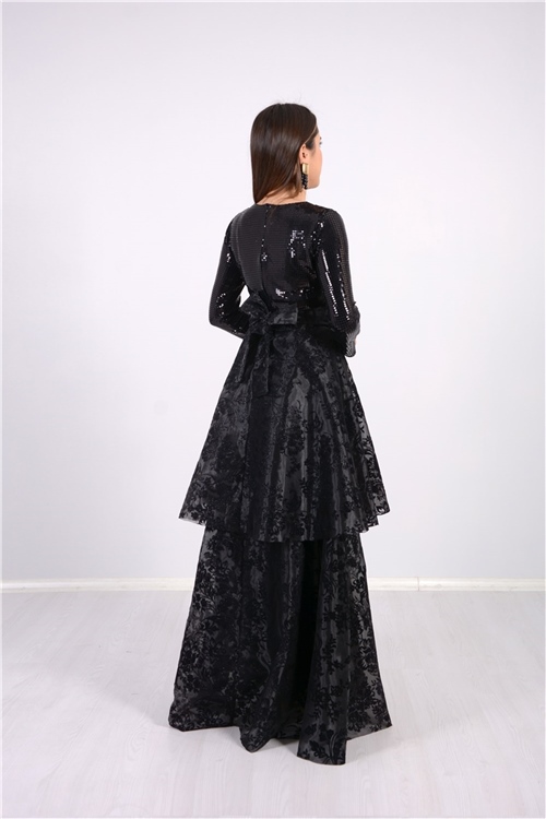 Üstü Payet Altı Simli Flok Elbise - Siyah