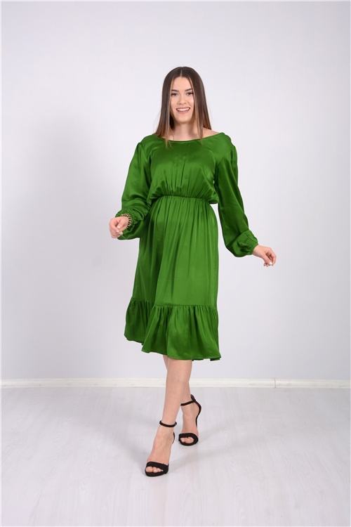 Yerli Saten Beli Lastikli Elbise - Yeşil