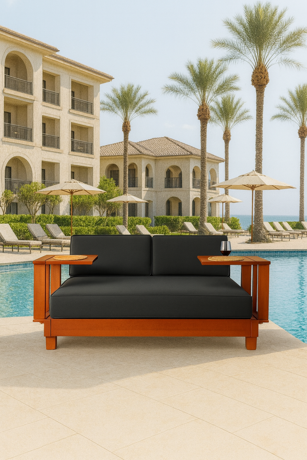 Ahşap Şezlong Minderi Çift Kişilik Su Geçirmez Kumaş Yastıklı - koyu gri