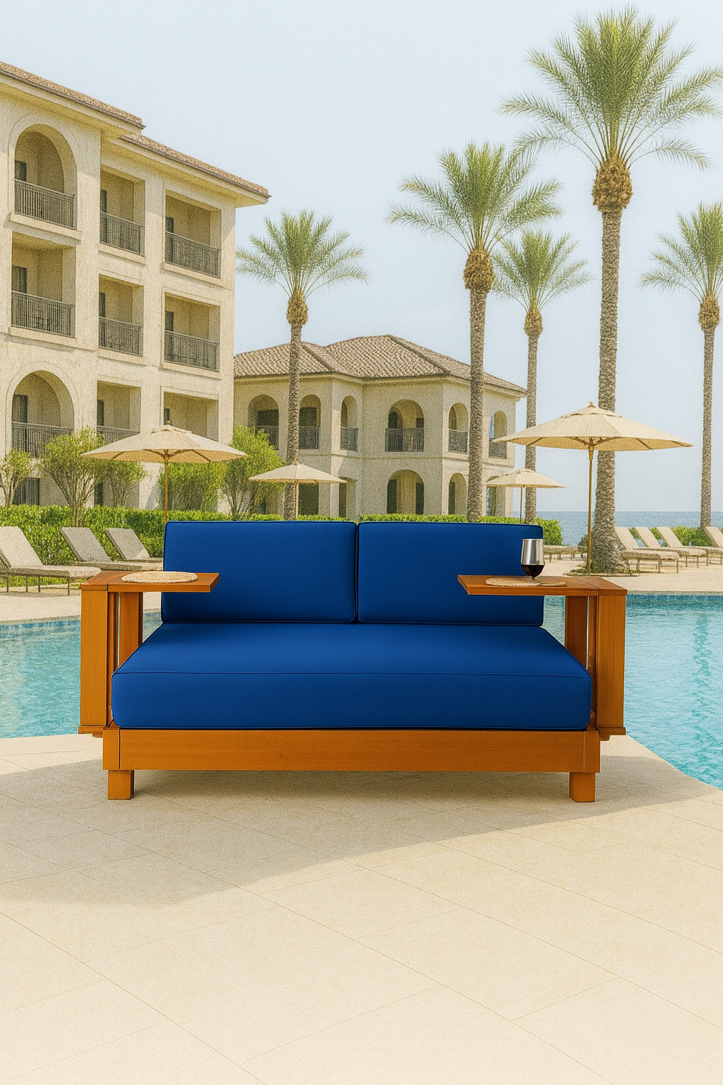 Ahşap Şezlong Minderi Çift Kişilik Su Geçirmez Kumaş Yastıklı - saks mavi