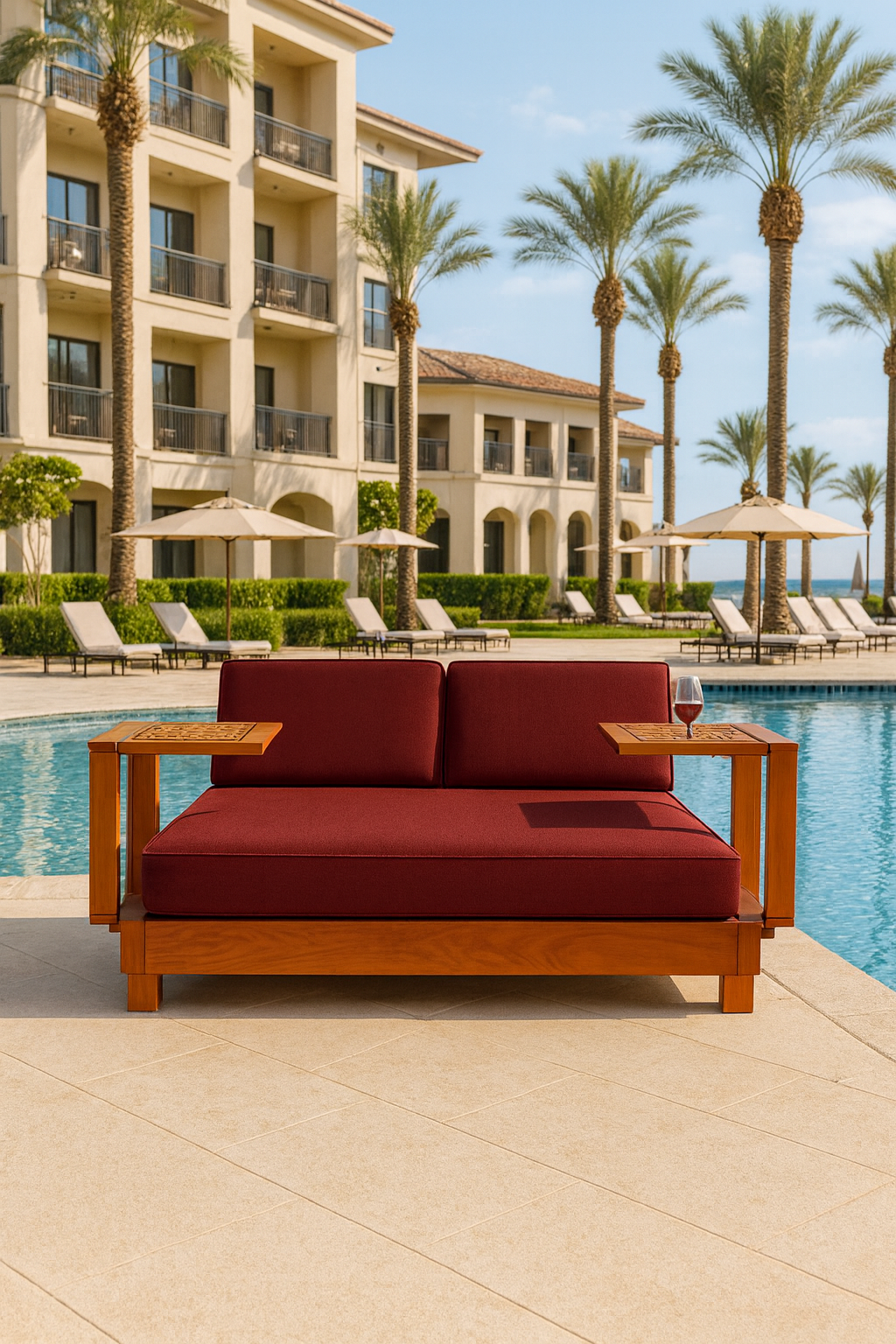 Ahşap Şezlong Minderi Çift Kişilik Su Geçirmez Kumaş Yastıklı - bordo