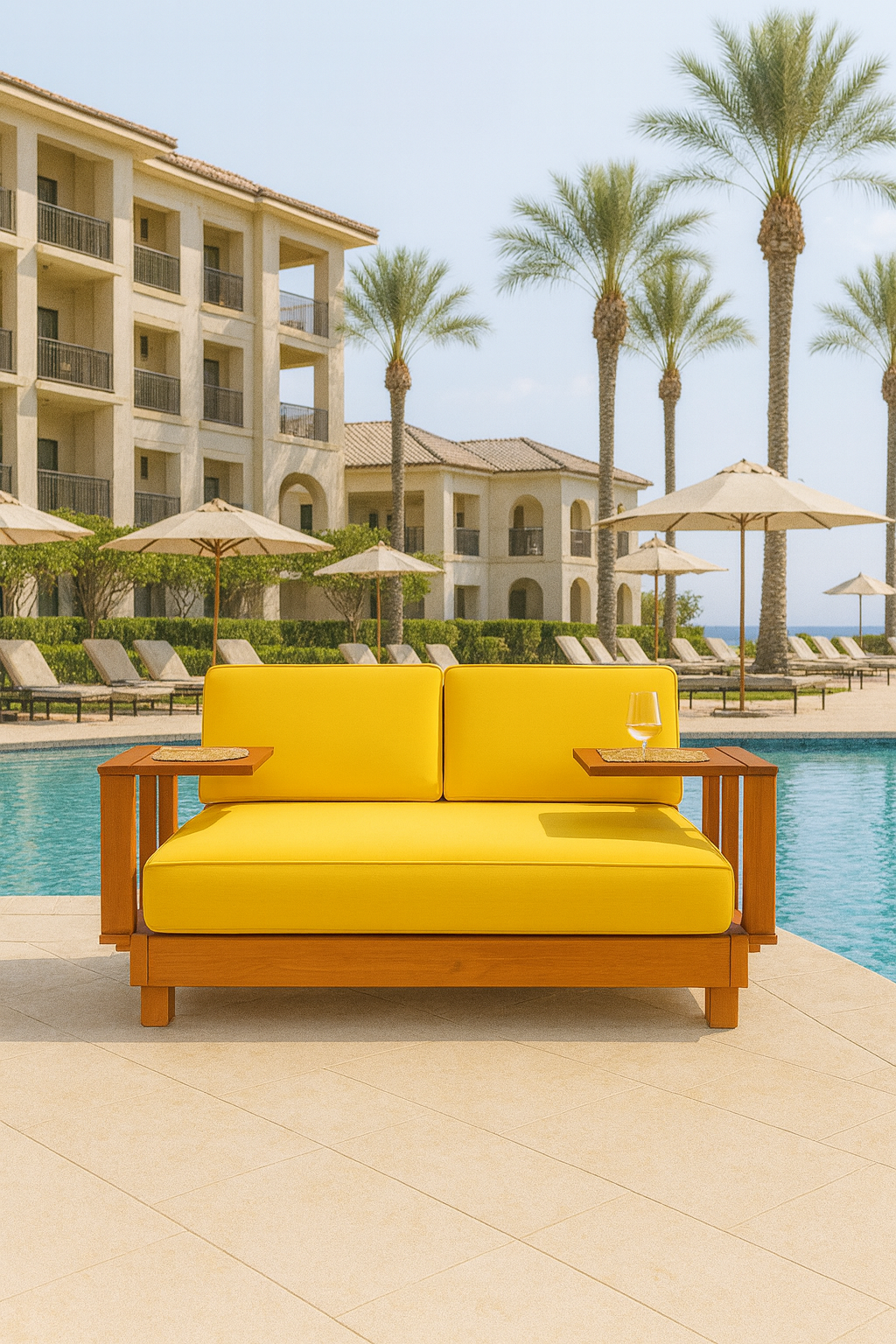 Ahşap Şezlong Minderi Çift Kişilik Su Geçirmez Kumaş Yastıklı - sarı