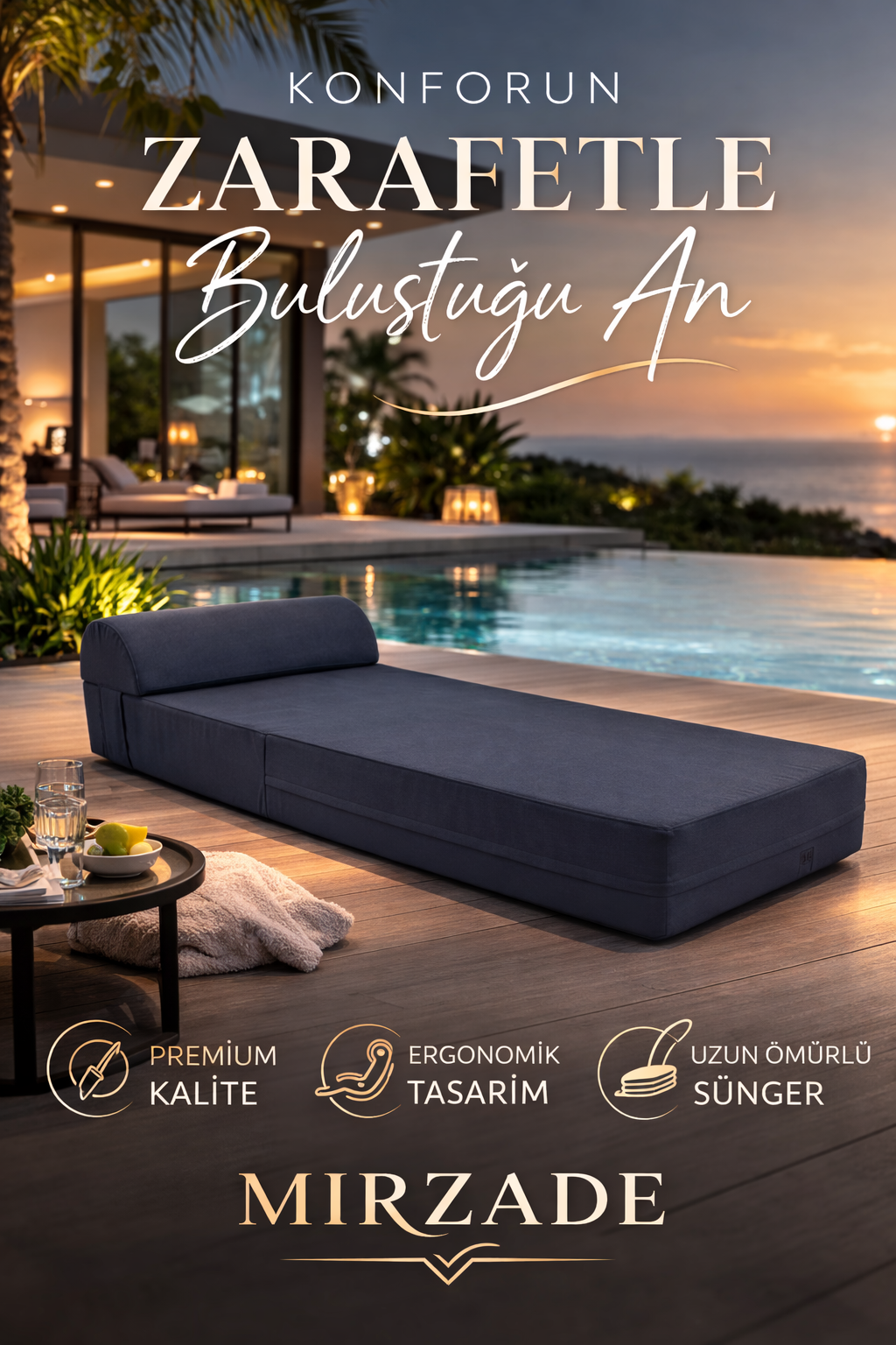 Grand Sunbed Güneşlenme Minderi - Koyu Gri̇ | Yastıklı, Su Geçirmez | Mirzade