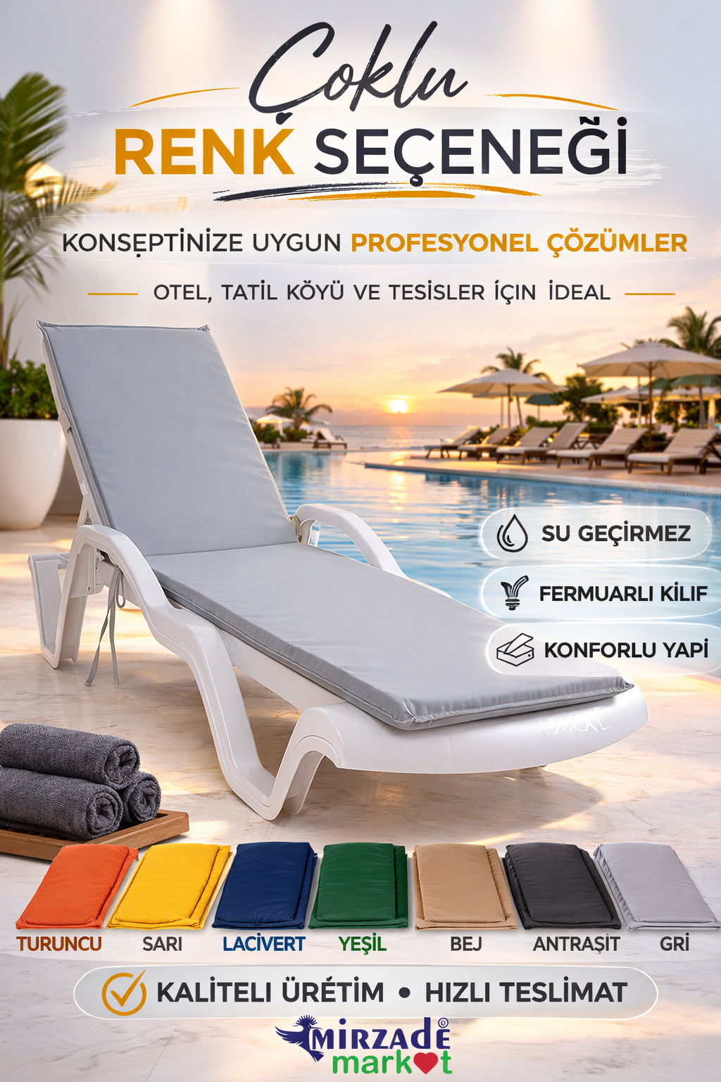 Mi̇rzade Şezlong Mi̇nderi̇ Standart Su Geçi̇rmez Malzeme-Açik Gri̇ | Su Geçirmez Şezlong Minderi – 5 cm Sünger