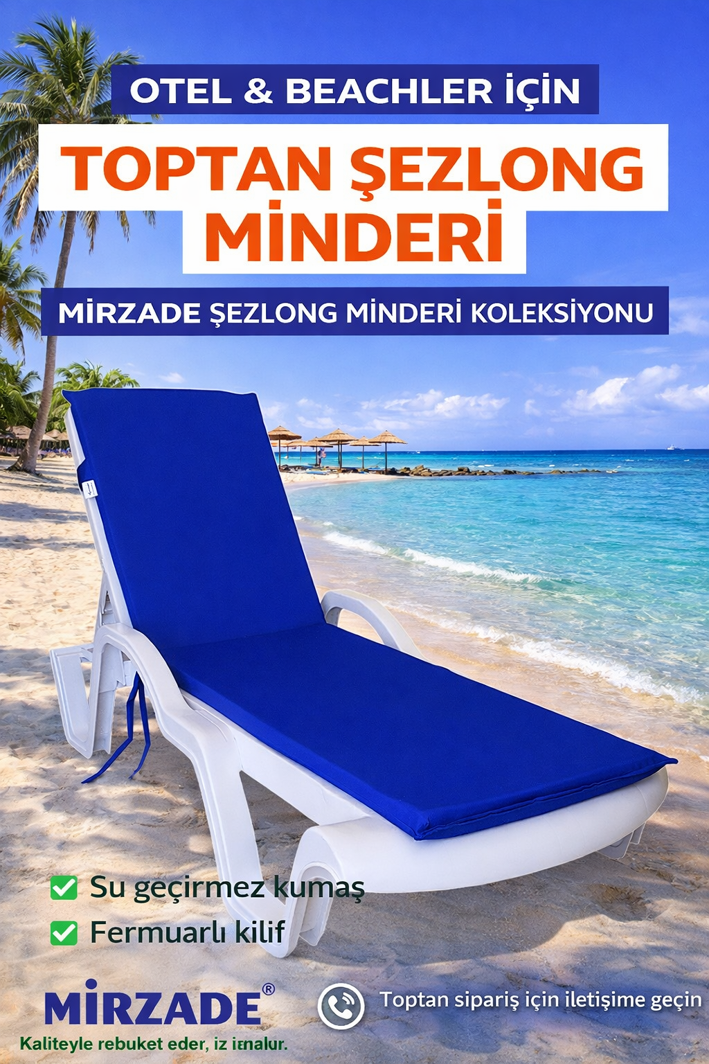 Mi̇rzade Şezlong Mi̇nderi̇ Standart Su Geçi̇rmez Malzeme-Saks Mavi̇ | Su Geçirmez Şezlong Minderi – 5 cm Sünger