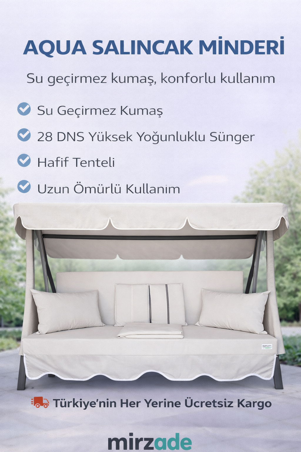 MİRZADE AQUA SALINCAK MİNDERİ SU GEÇİRMEZ KUMAŞ GRİ SÜNGER FERMUARLI SET-salıncak krem
