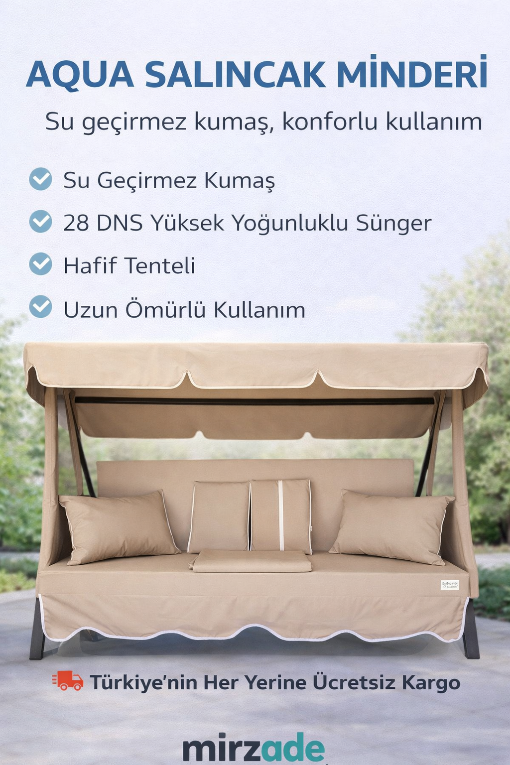 MİRZADE AQUA SALINCAK MİNDERİ SU GEÇİRMEZ KUMAŞ GRİ SÜNGER FERMUARLI SET-salıncak a.bej