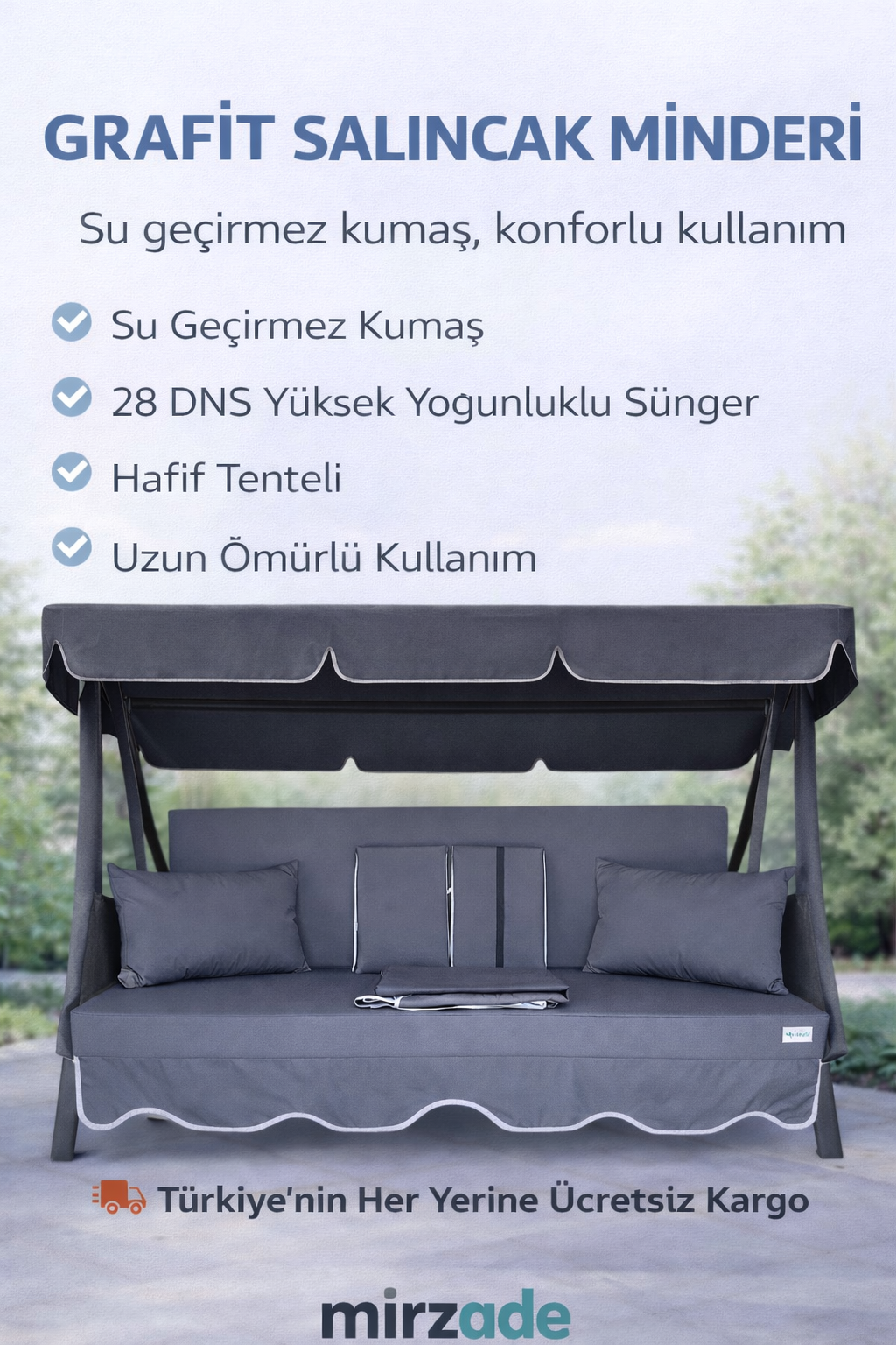 MİRZADE AQUA SALINCAK MİNDERİ SU GEÇİRMEZ KUMAŞ GRİ SÜNGER FERMUARLI SET-salıncak koyu gri