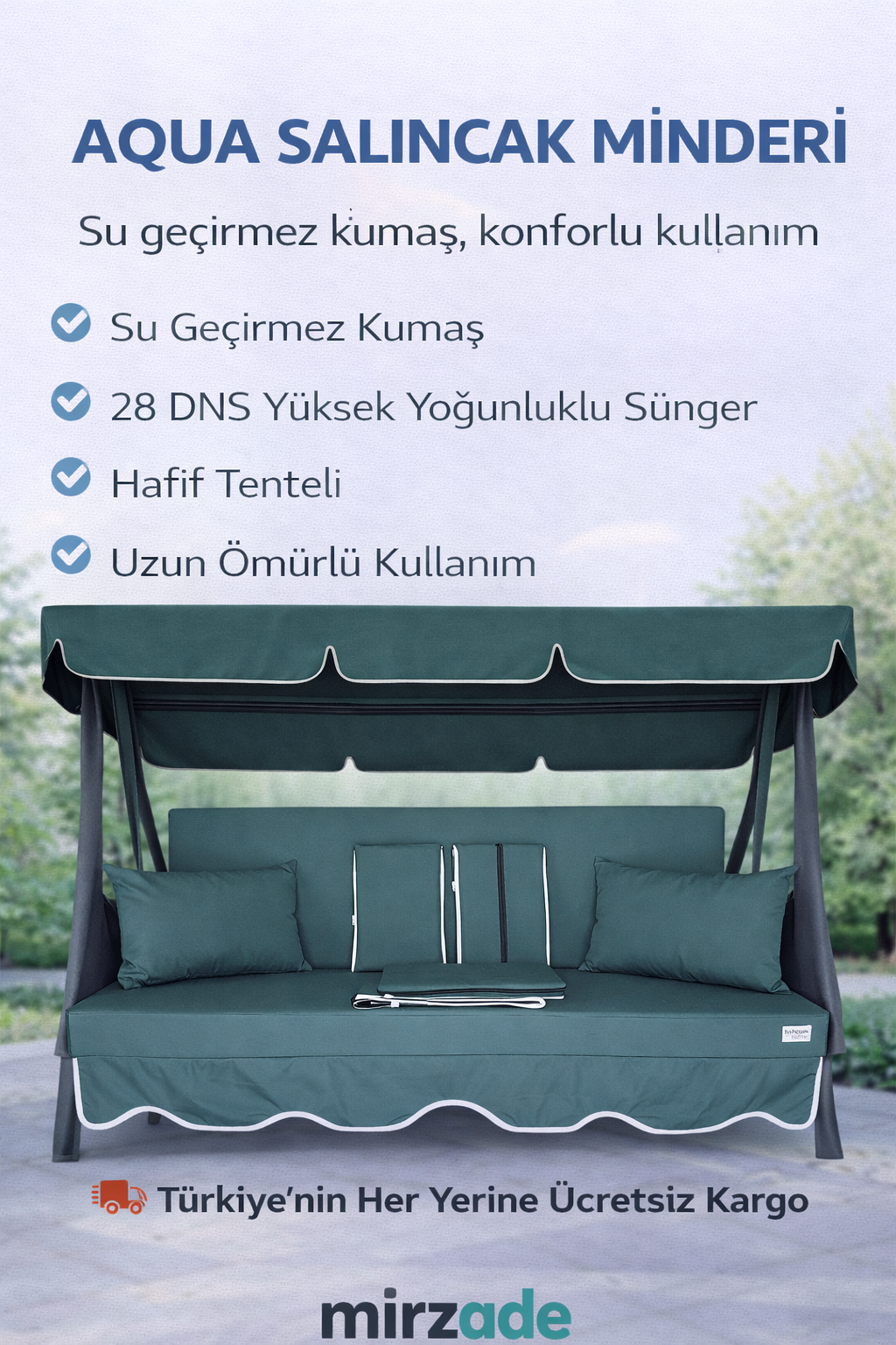 MİRZADE AQUA SALINCAK MİNDERİ SU GEÇİRMEZ KUMAŞ GRİ SÜNGER FERMUARLI SET-salıncak koyu yeşil