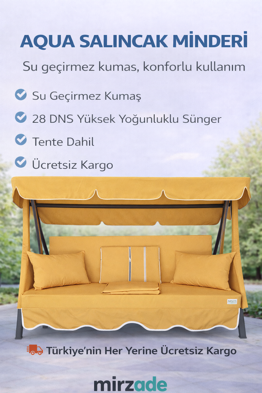 MİRZADE AQUA SALINCAK MİNDERİ SU GEÇİRMEZ KUMAŞ GRİ SÜNGER FERMUARLI SET-salıncak sarı
