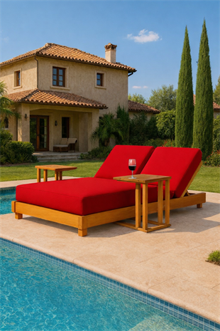 Ahşap Şezlong Minderi Çift Kişilik Su Geçirmez Kumaş Yastıklı - kırmızı