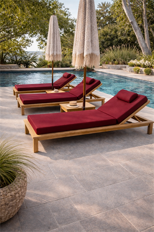 Ahşap Şezlong Minderi Tek Kişilik  Su Geçirmez Kumaş Yastıklı - bordo