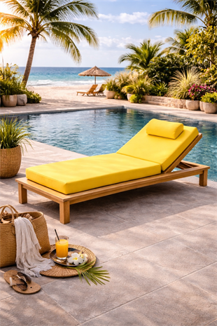 Ahşap Şezlong Minderi Tek Kişilik  Su Geçirmez Kumaş Yastıklı - sarı