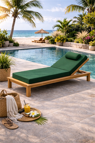 Ahşap Şezlong Minderi Tek Kişilik  Su Geçirmez Kumaş Yastıklı - koyu yeşil