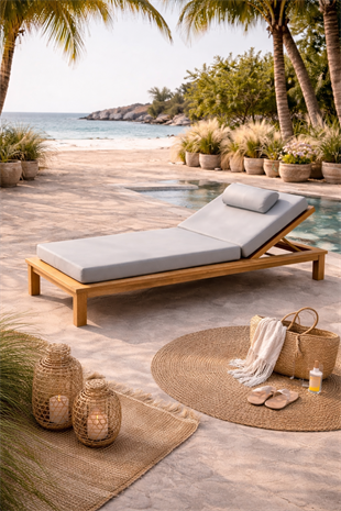 Ahşap Şezlong Minderi Tek Kişilik Su Geçirmez Kumaş Yastıklı - açık gri