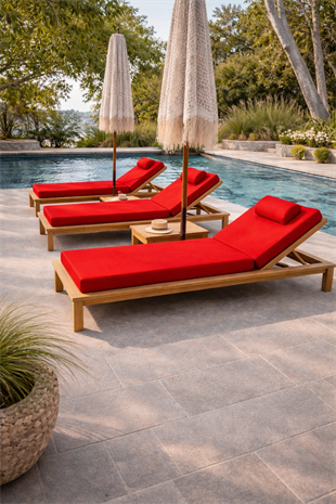 Ahşap Şezlong Minderi Tek Kişilik  Su Geçirmez Kumaş Yastıklı - kırmızı