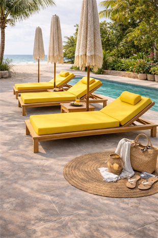 Ahşap Şezlong Minderi Tek Kişilik  Su Geçirmez Kumaş Yastıklı - sarı