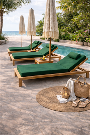 Ahşap Şezlong Minderi Tek Kişilik  Su Geçirmez Kumaş Yastıklı - koyu yeşil