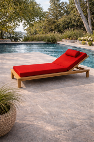 Ahşap Şezlong Minderi Tek Kişilik  Su Geçirmez Kumaş Yastıklı - kırmızı