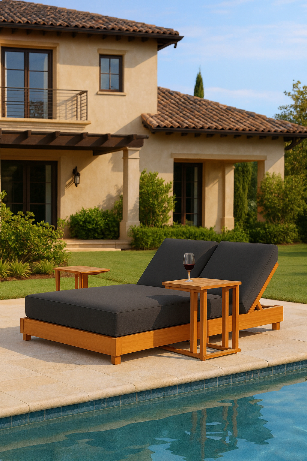 Ahşap Şezlong Minderi Çift Kişilik Su Geçirmez Kumaş Yastıklı - koyu gri