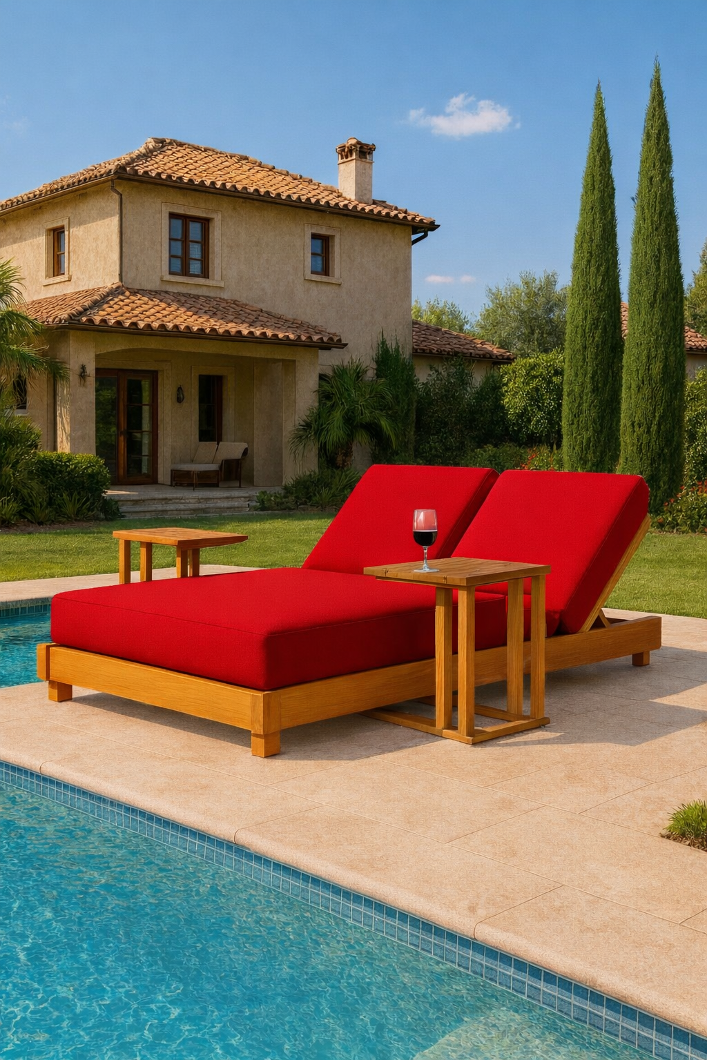 Ahşap Şezlong Minderi Çift Kişilik Su Geçirmez Kumaş Yastıklı - kırmızı