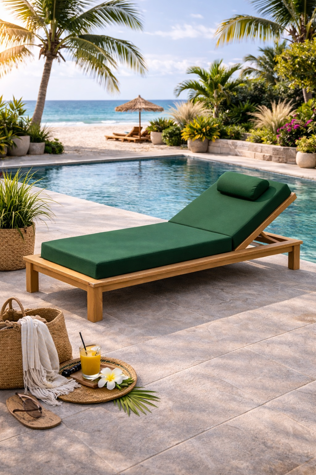 Ahşap Şezlong Minderi Tek Kişilik  Su Geçirmez Kumaş Yastıklı - koyu yeşil