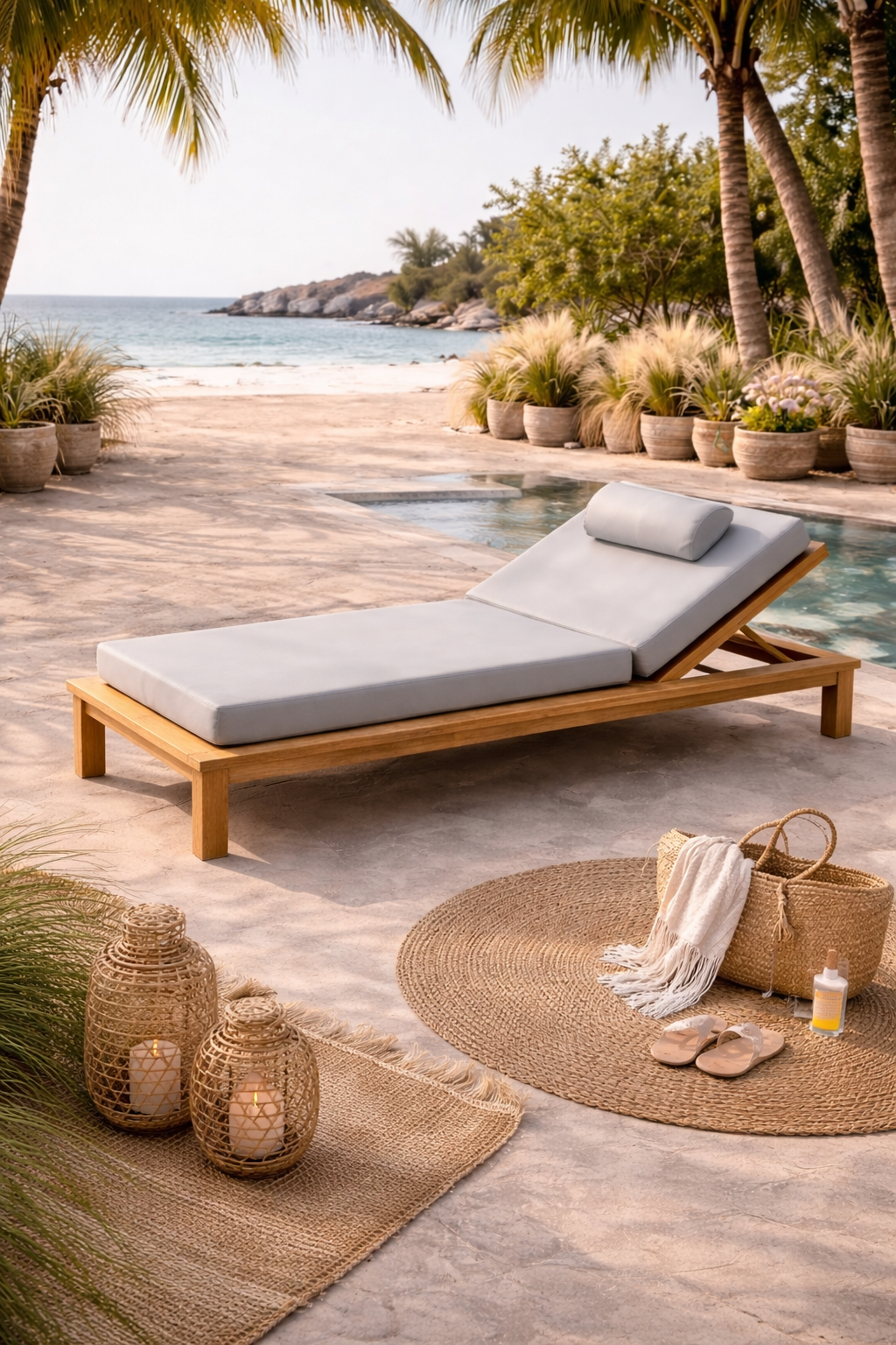 Ahşap Şezlong Minderi Tek Kişilik Su Geçirmez Kumaş Yastıklı - açık gri