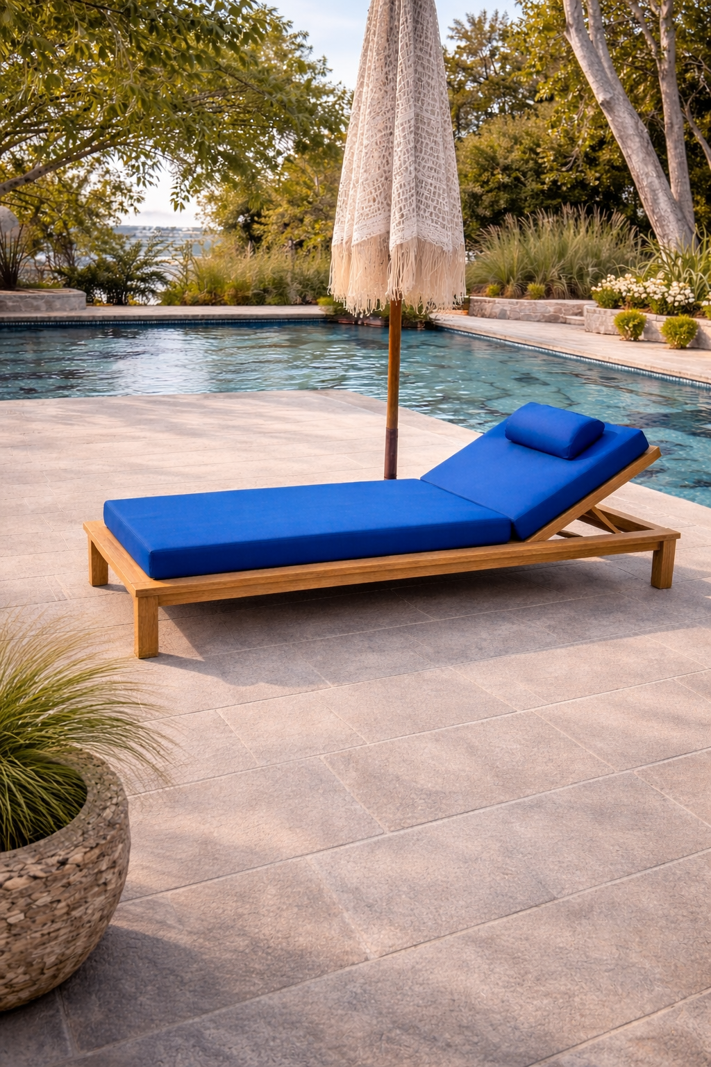 Ahşap Şezlong Minderi Tek Kişilik  Su Geçirmez Kumaş Yastıklı - saks mavi