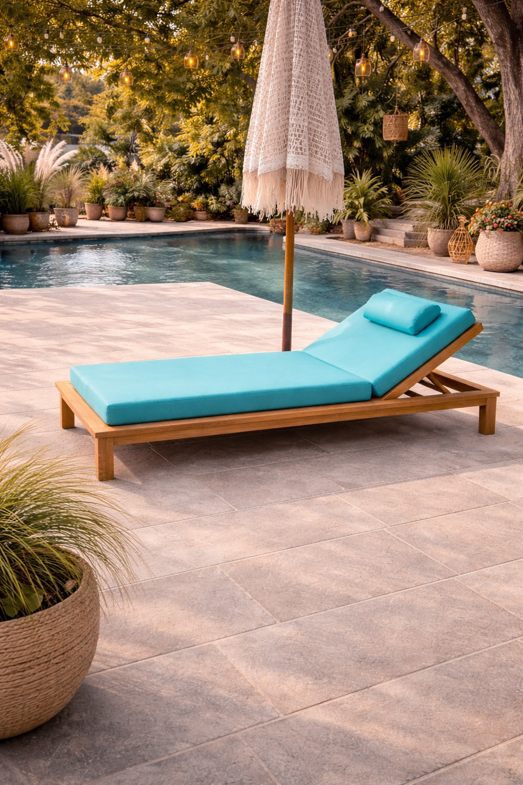 Ahşap Şezlong Minderi Tek Kişilik Su Geçirmez Kumaş Yastıklı - turkuaz mavi