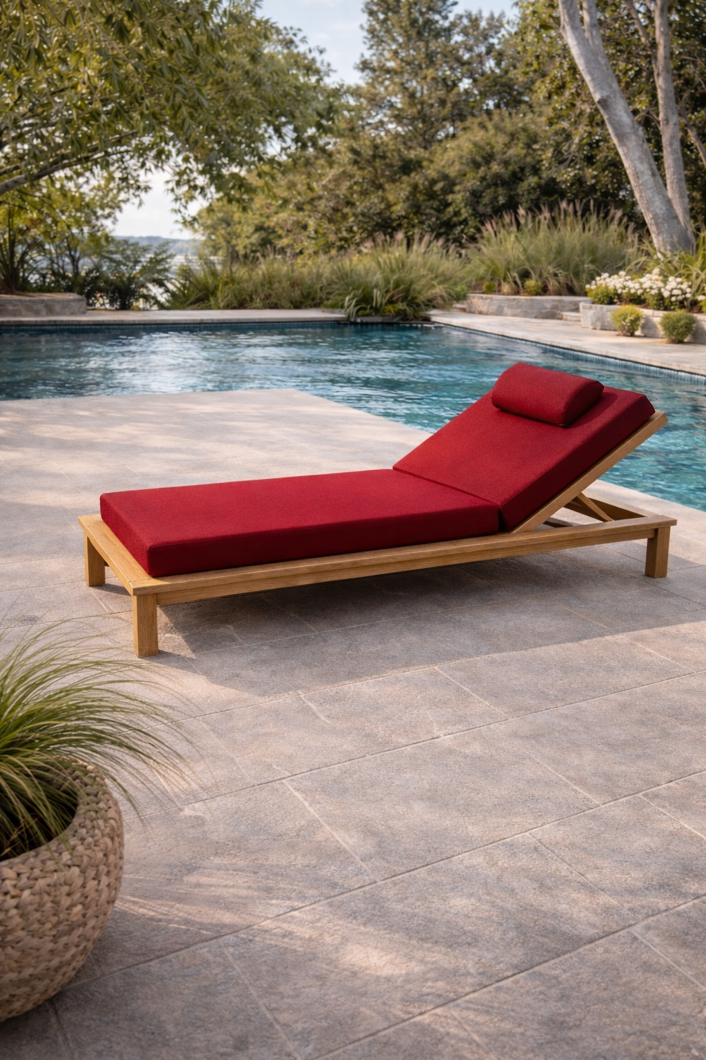 Ahşap Şezlong Minderi Tek Kişilik  Su Geçirmez Kumaş Yastıklı - bordo