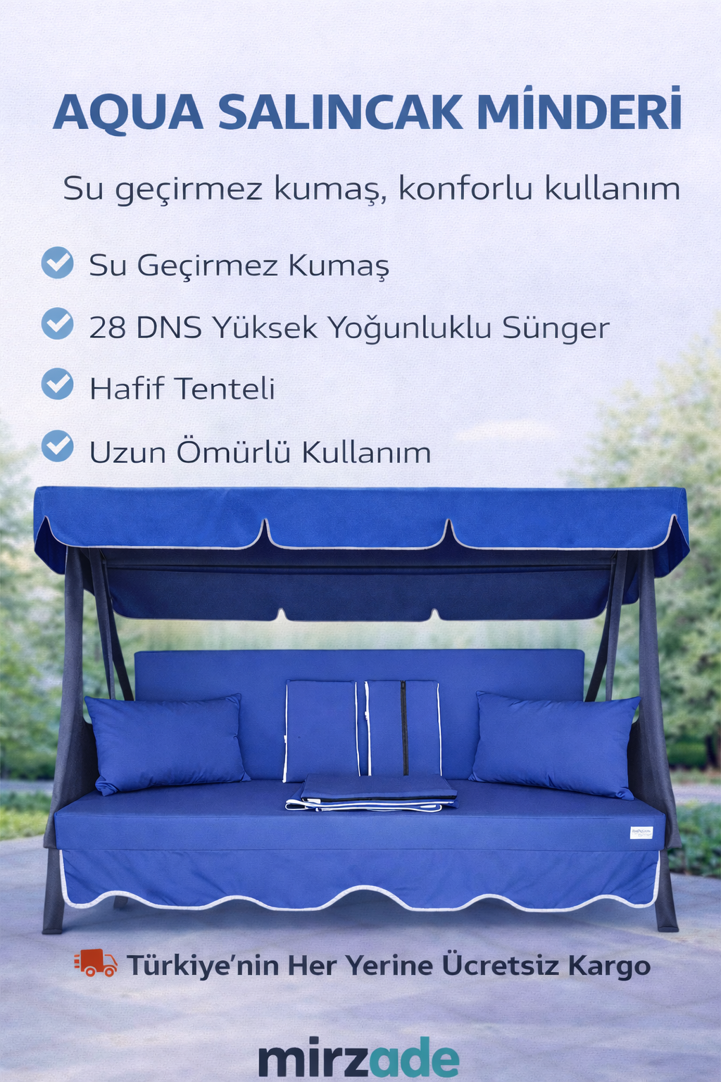 MİRZADE AQUA SALINCAK MİNDERİ SU GEÇİRMEZ KUMAŞ GRİ SÜNGER FERMUARLI SET-salıncak saks mavi