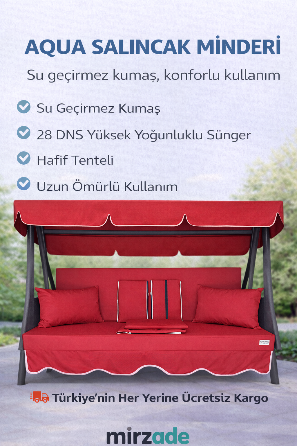 MİRZADE AQUA SALINCAK MİNDERİ SU GEÇİRMEZ KUMAŞ GRİ SÜNGER FERMUARLI SET-salıncak kırmızı