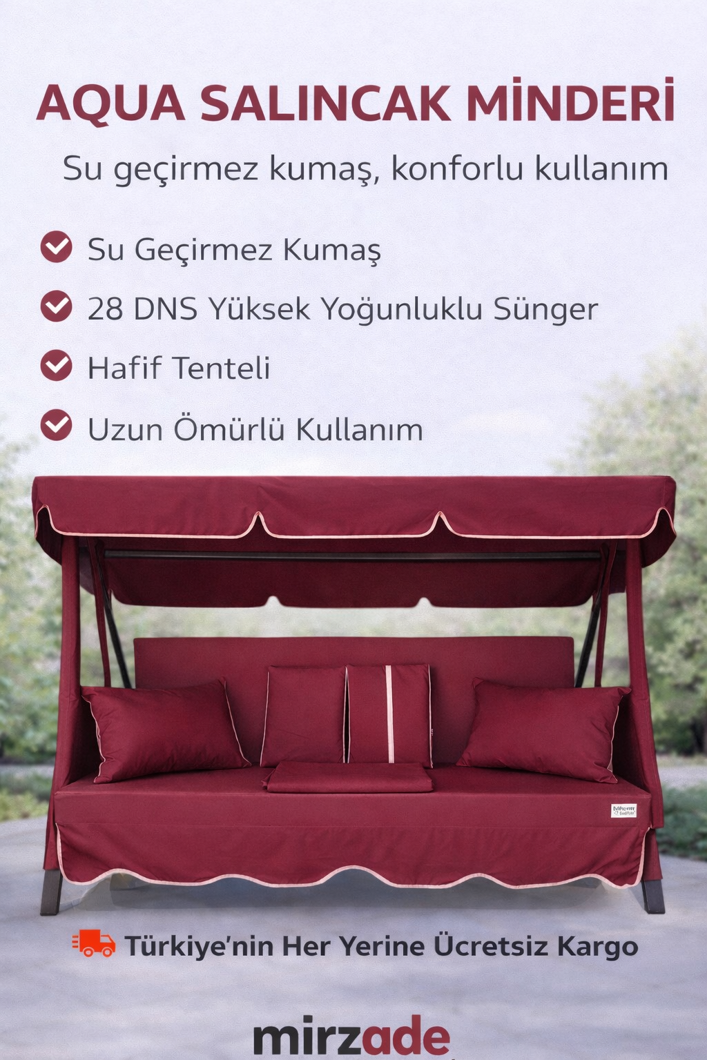 MİRZADE AQUA SALINCAK MİNDERİ SU GEÇİRMEZ KUMAŞ GRİ SÜNGER FERMUARLI SET-salıncak bordo
