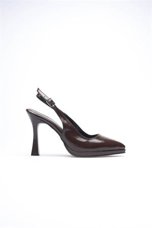 Kahverengi Platform Topuklu Kadın Ayakkabı Sivri Burun Arkası Açık Stiletto 10 cm S26001