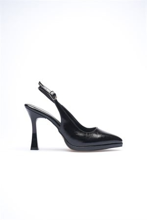 Siyah Platform Topuklu Kadın Ayakkabı Sivri Burun Arkası Açık Stiletto 10 cm S26001