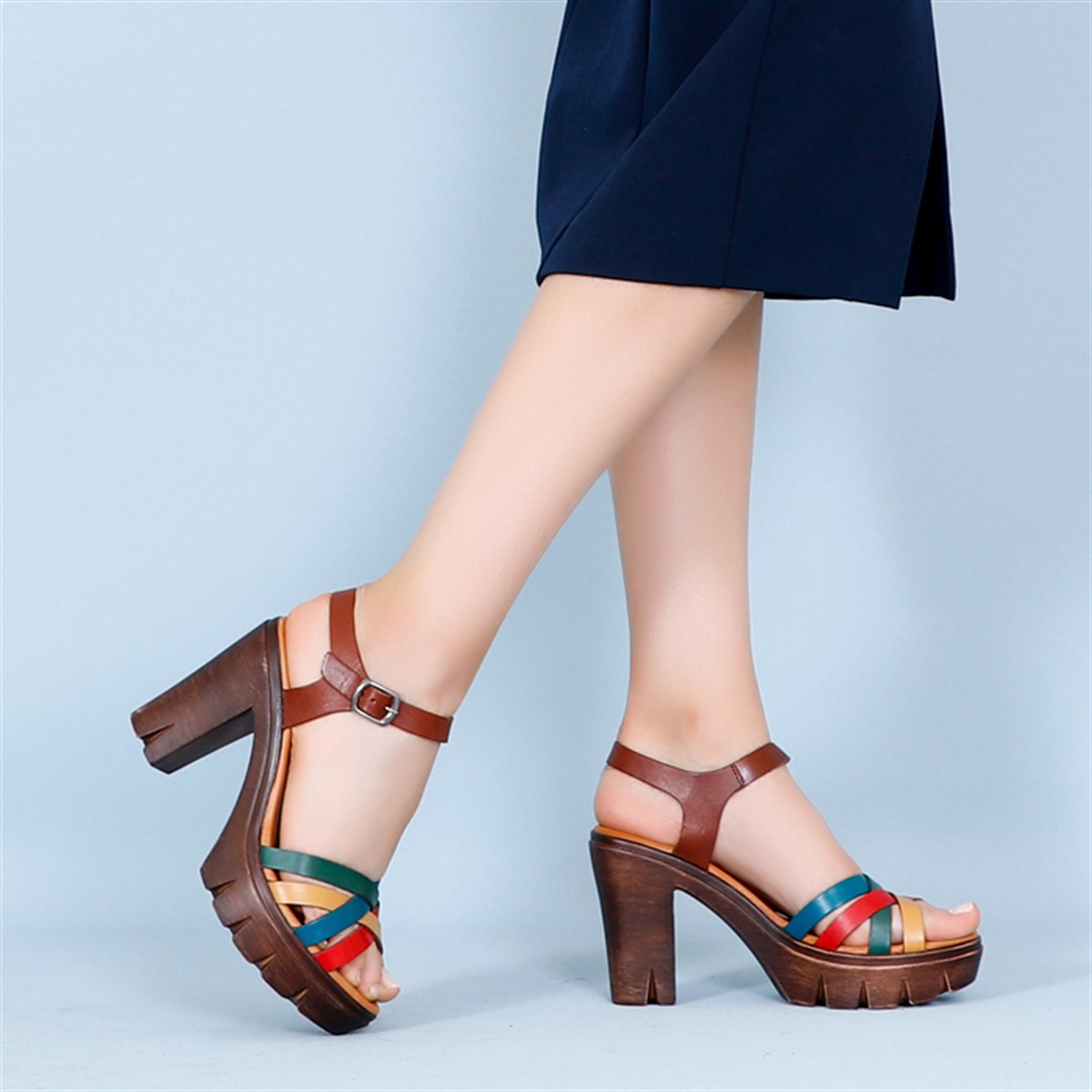 Multi Hakiki Deri Plarform Topuklu Kadın Sandalet 301 KTY