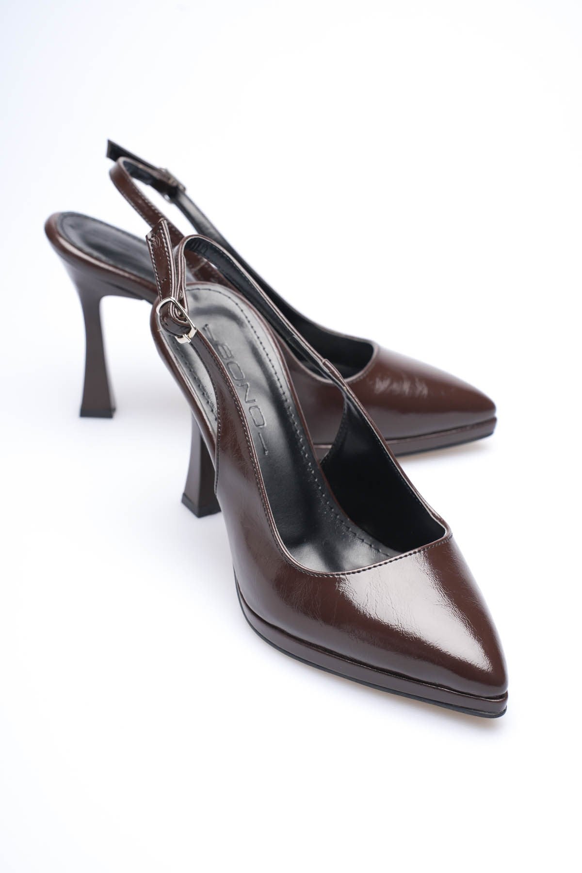 Kahverengi Platform Topuklu Kadın Ayakkabı Sivri Burun Arkası Açık Stiletto 10 cm S26001