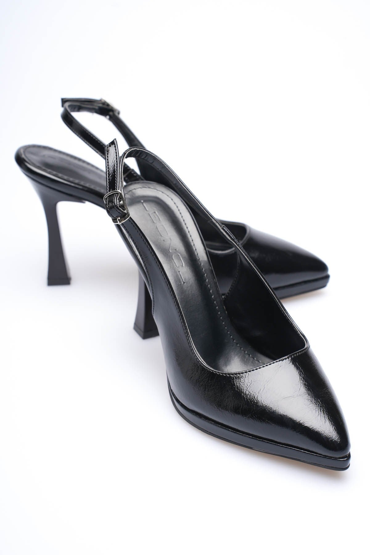 Siyah Platform Topuklu Kadın Ayakkabı Sivri Burun Arkası Açık Stiletto 10 cm S26001