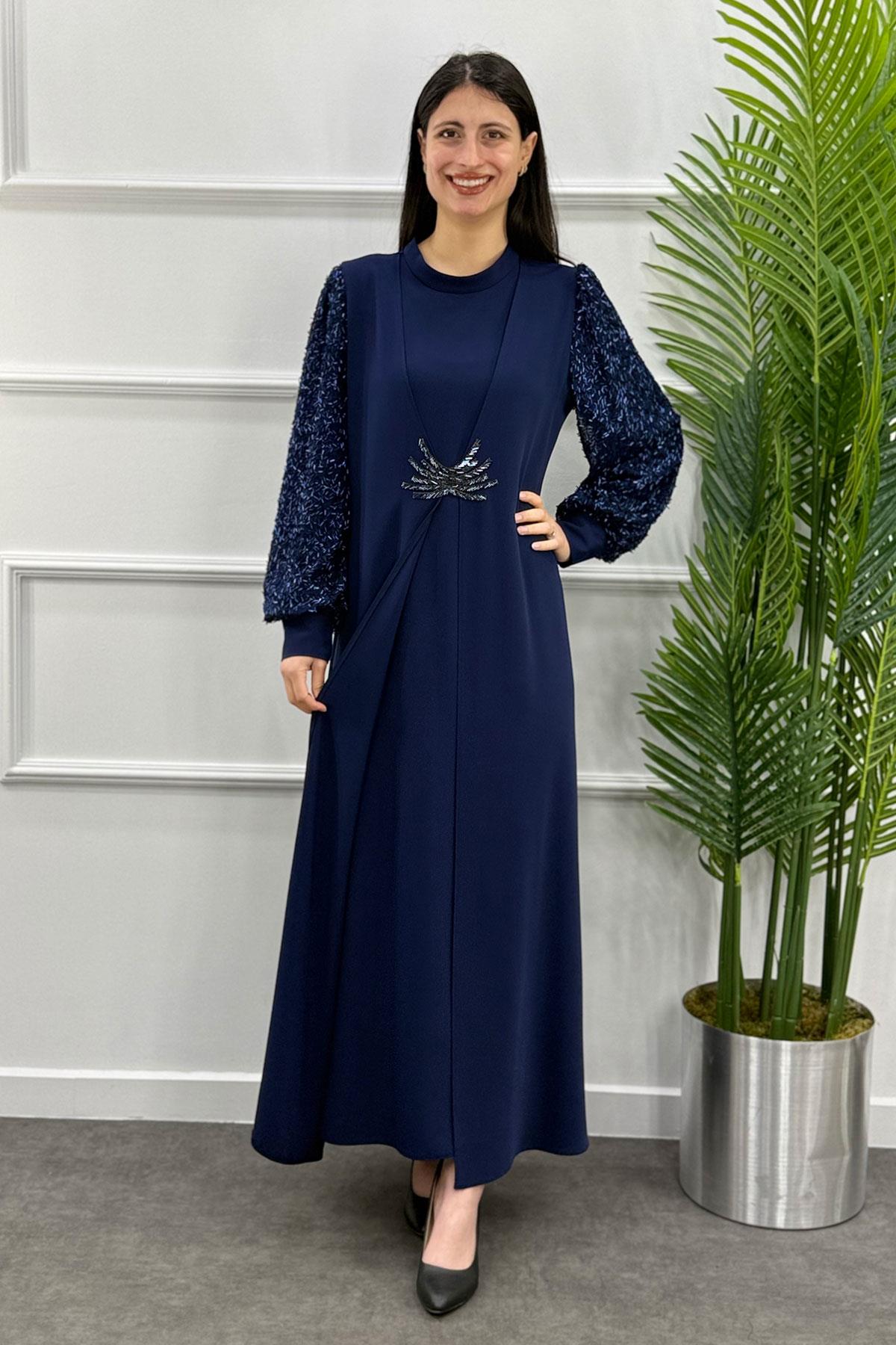 5099 Gaze Kol Pullu Elbise - Lacivert